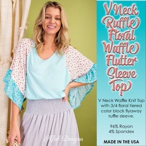V Neck Ruffle Floral Waffle Flutter Sleeve Top